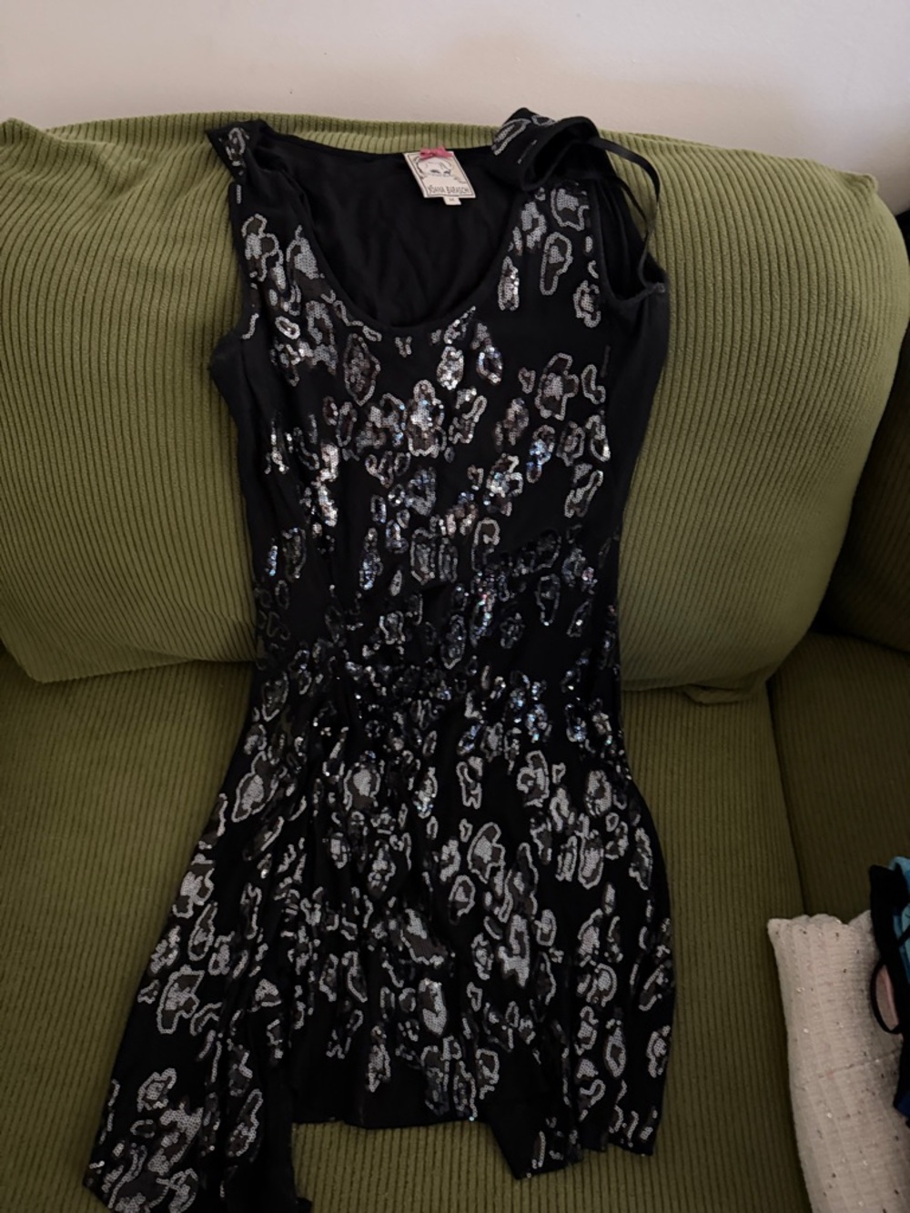 Betsey Johnson Black One-Shoulder Sequin Animal Print Dress